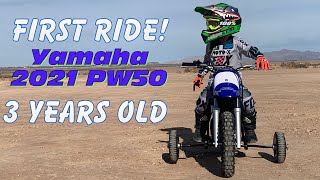 2021 Yamaha PW50  3 Year Old Kid  First Ride with Training Wheels [upl. by Airitac]