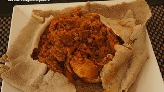 Ethiopian Food  Sega Firfir recipe Amharic English Injera lamb meat berbere [upl. by Retsila]