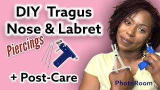 How to DIY TRAGUS LABRET amp NOSE using a needle and piercing gun  Post Care Routine [upl. by Lisle671]