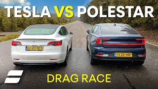 Tesla Model 3 Vs Polestar 2 DRAG RACE And In REVERSE GEAR 4K [upl. by Mercuri]