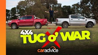 2020 Ford Ranger v Toyota Hilux Tug of War  Australias favourite utes battle it out  CarAdvice [upl. by Edelson]