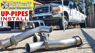 2001 F350 73  RiffRaff UpPipes Install  Stock up pipes leaking and falling apart JUNK SP [upl. by Yecad]