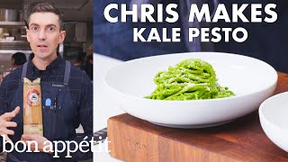 Chris Makes Kale Pesto Pasta  From the Test Kitchen  Bon Appétit [upl. by Enelez]