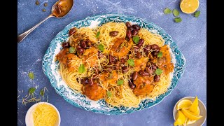 Saucy Chicken Puttanesca Spaghetti Recipe  Bon Appetit [upl. by Alfy898]