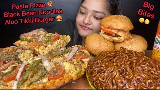 CHEESY PASTA PIZZA WITH SPICY BLACK BEAN NOODLES AND ALOO TIKKI BURGERS  BIG BITES  EATING VIDEOS [upl. by Eelta]