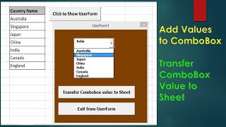 Excel VBA Combobox  Adding data to ComboBox and Transfer value from ComboBox to Sheet [upl. by Euqenimod]