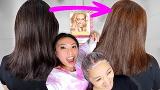 NO BLEACH Dying my mum’s Dark Hair to Light Brown using box dye [upl. by Shira945]