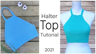 EASY Crochet HALTER Top Tutorial  How to Crochet Crop Top [upl. by Llenral]