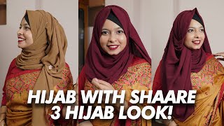 How To Style Hijab With Saree  3 Different Party Hijab Style  Khudalagse [upl. by Eedia]